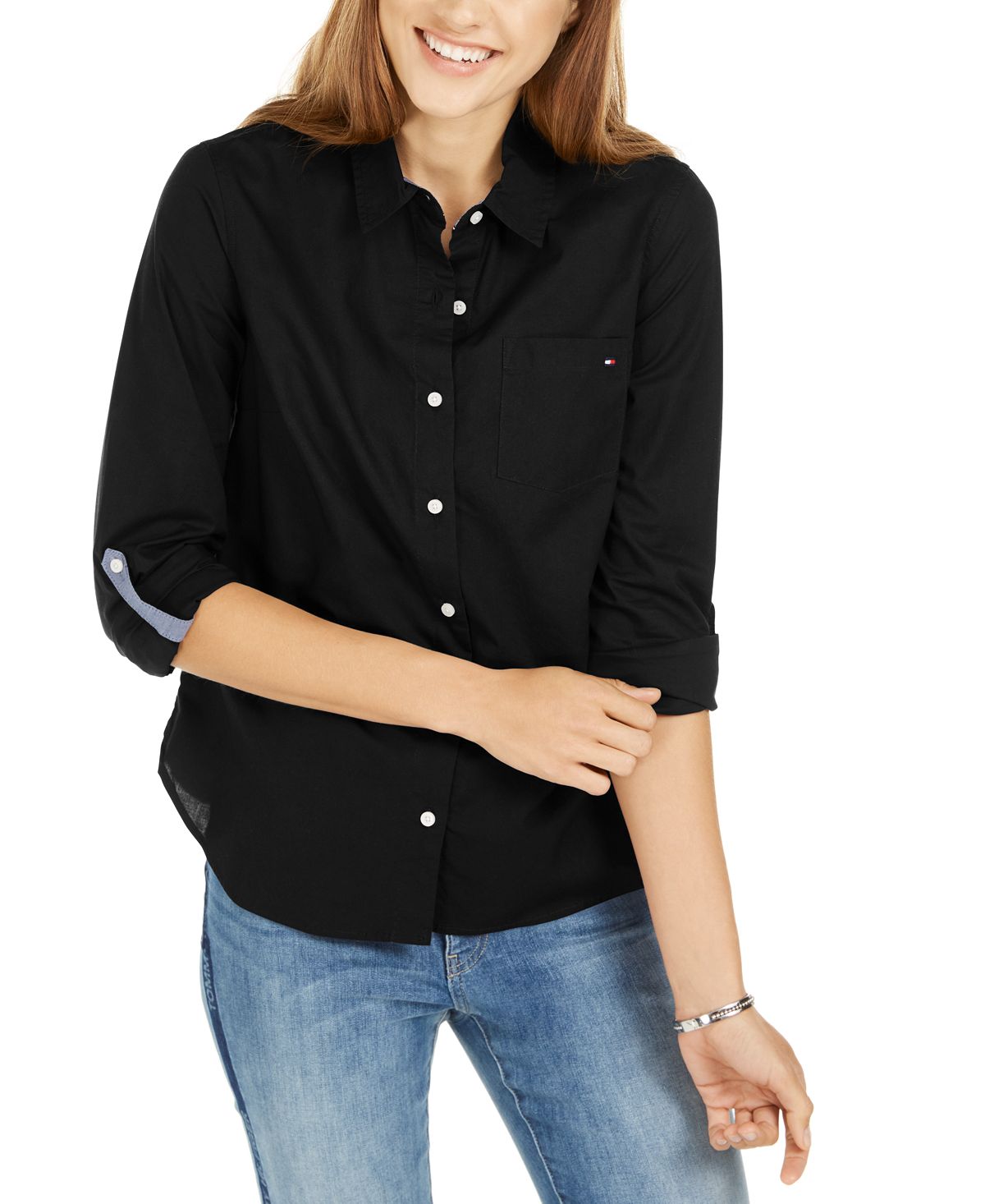 Tommy Hilfiger Women's Cotton Button Down Shirt, Black