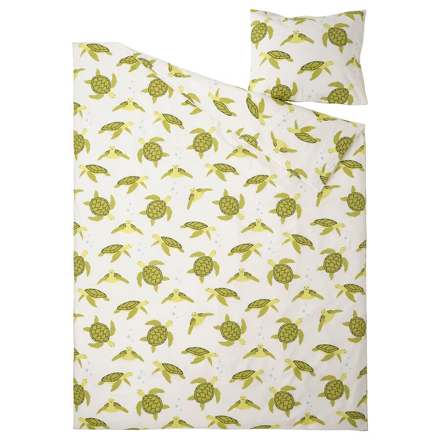 Bed Linen Ikea Blavingad Duvet Cover And Pillowcase Turtle Pattern, 150x200/50x60cm, Green/White