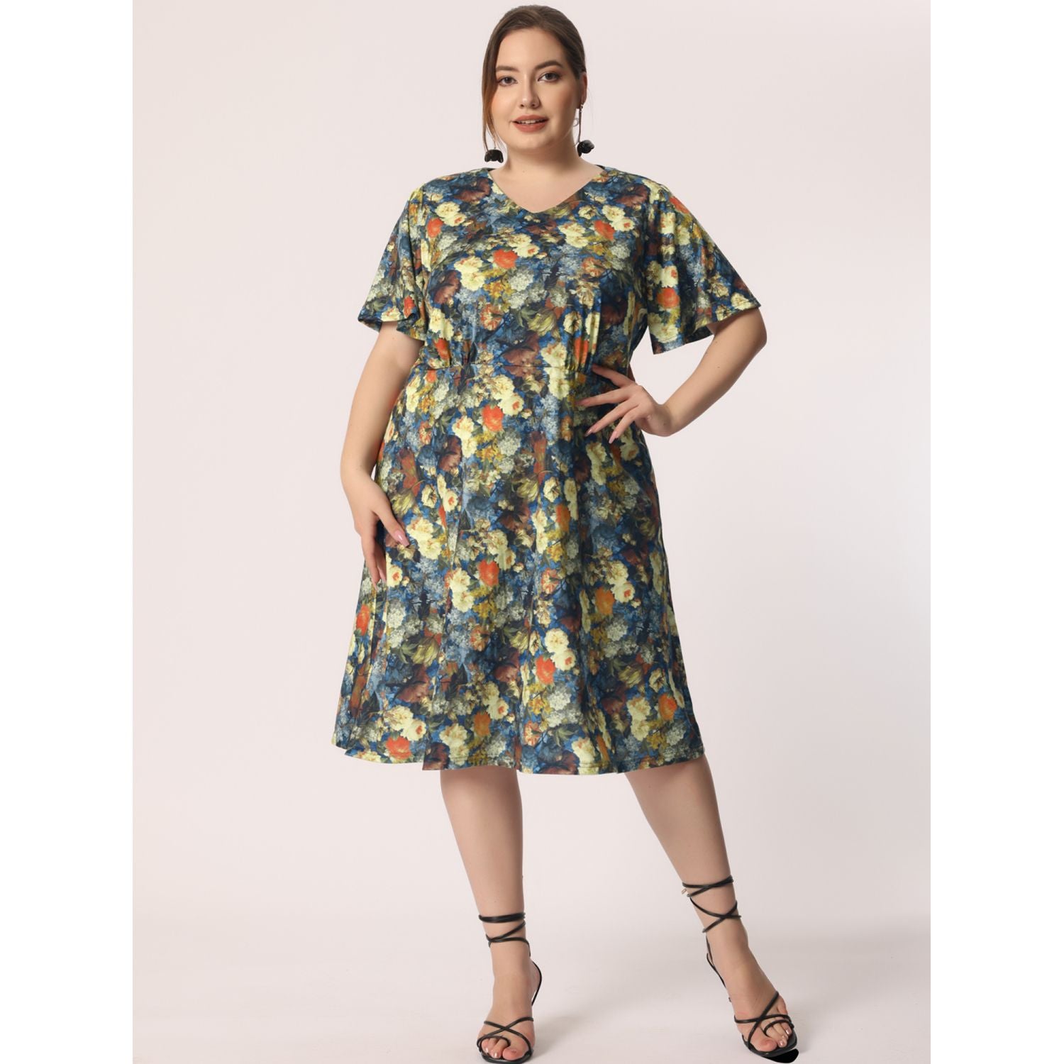 Agnes Orinda Women's Plus Size Floral Short Sleeve Flare Midi Dress ,  blue