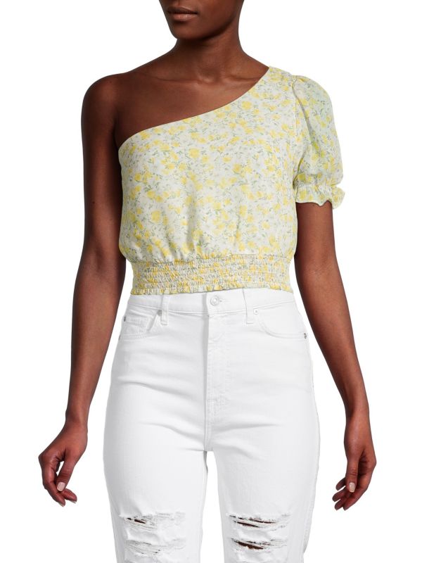 Lush One Shoulder Floral Ruffle Crop Top, Yellow