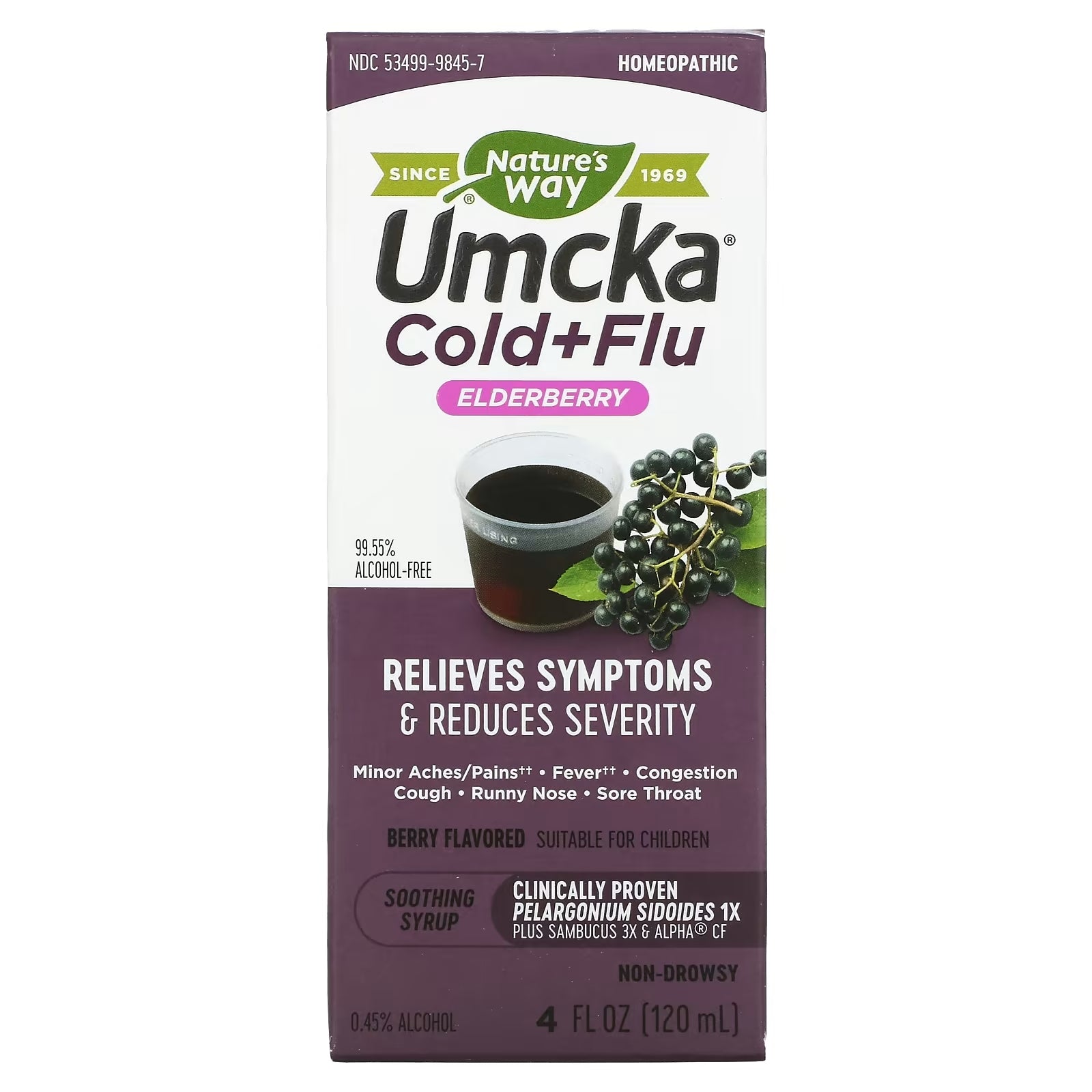 Soothing Cold and Flu Syrup from Elderberry Nature's Way Umcka with berry flavor, 120 ml