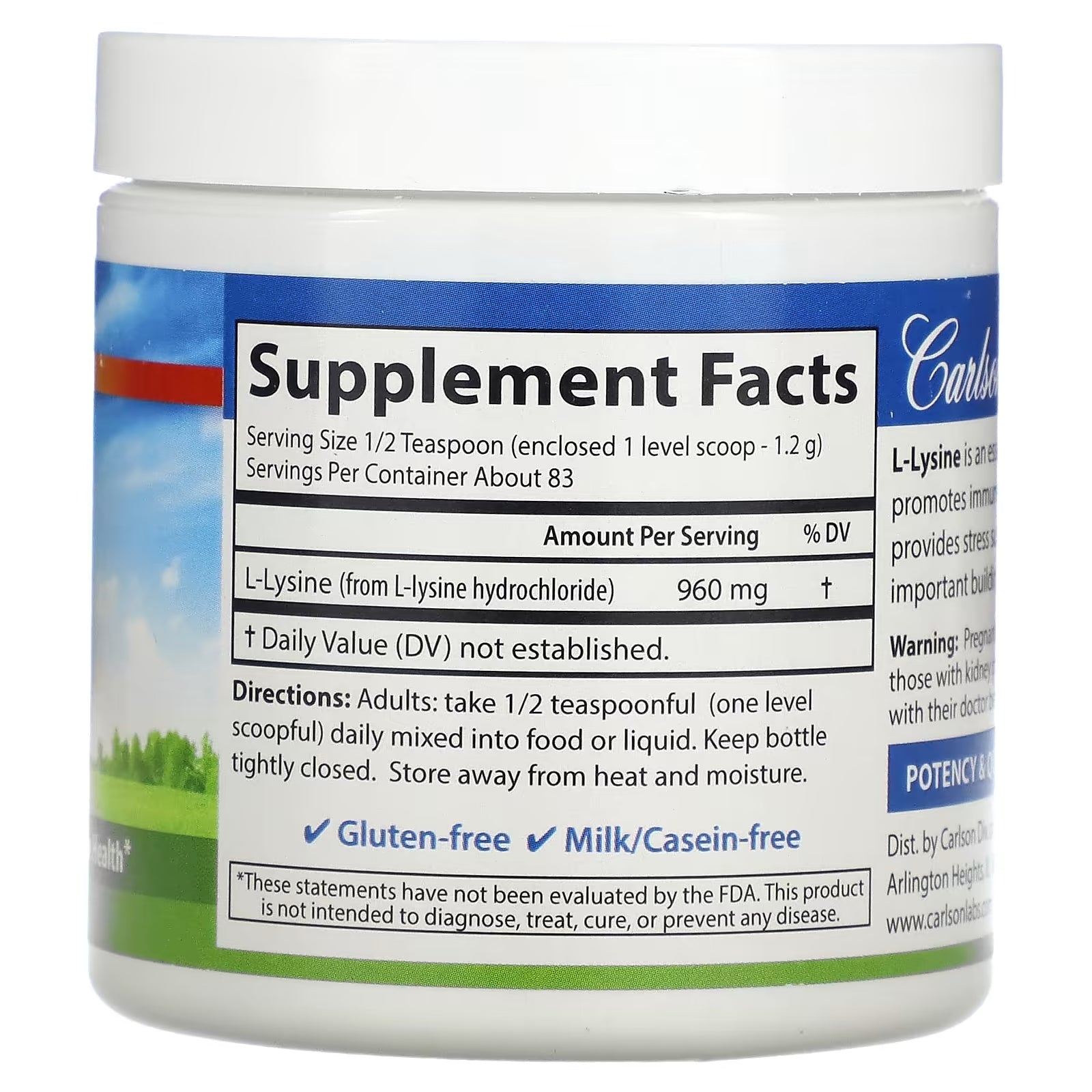 Carlson L-lysine amino acid powder, 100 g