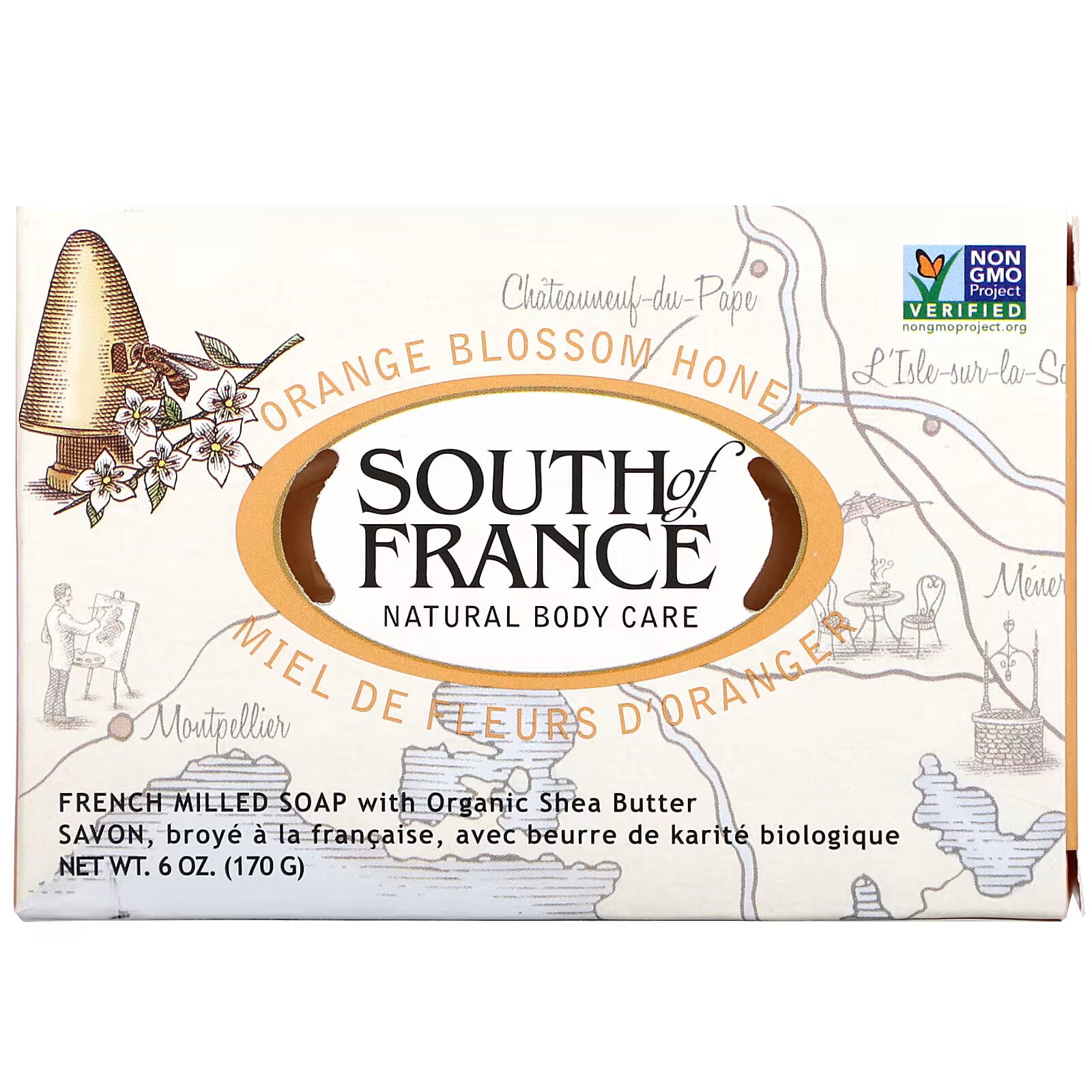 South of France, bar soap, French grind Cherry Blossom Scent & Organic Shea Butter, 170 g (6 oz)