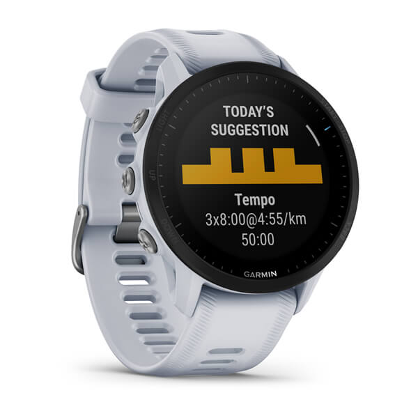 Garmin Forerunner 955 smartwatch with white strap