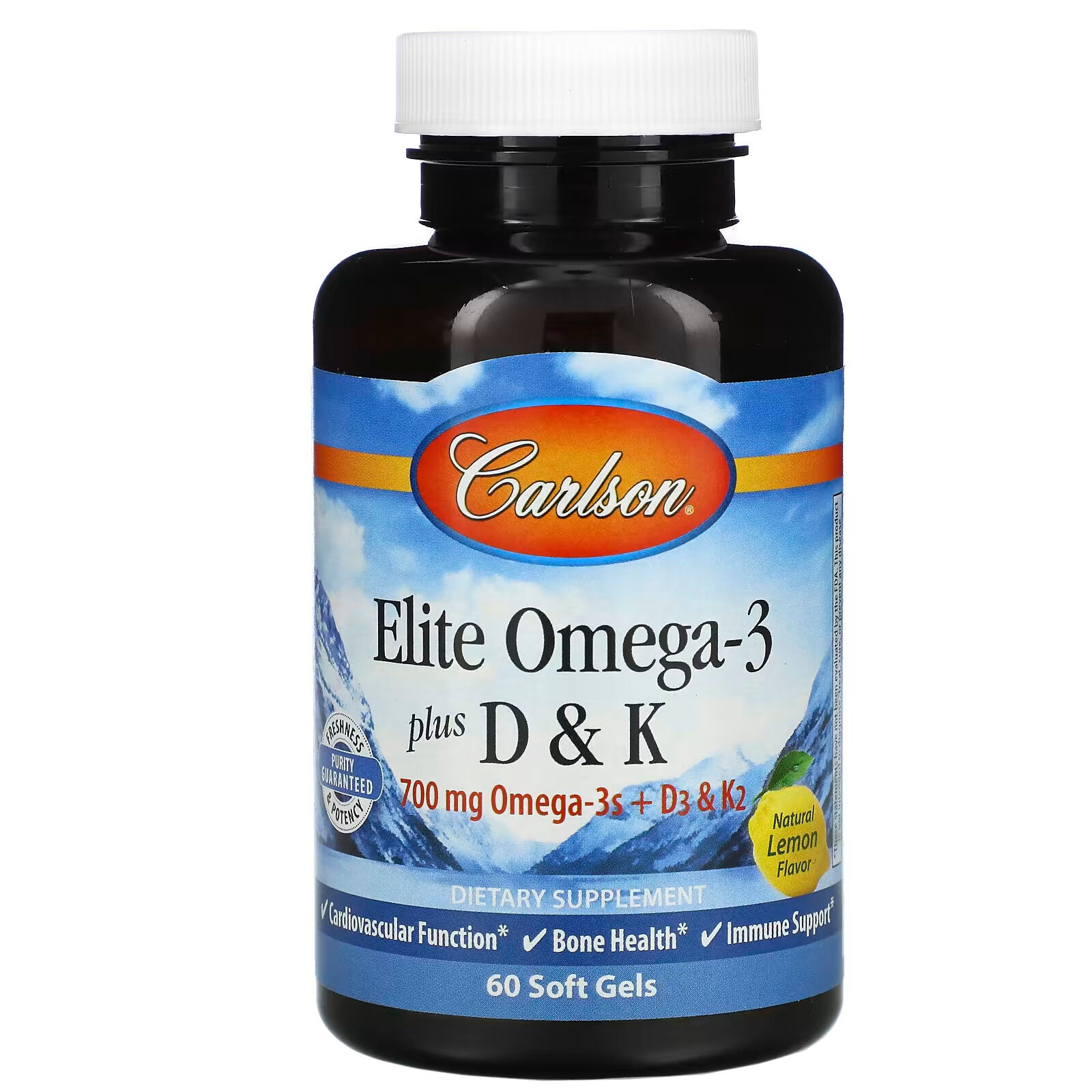 Carlson, Elite Omega-3 with Vitamins D & K, Natural Lemon Flavor, 60 Softgels