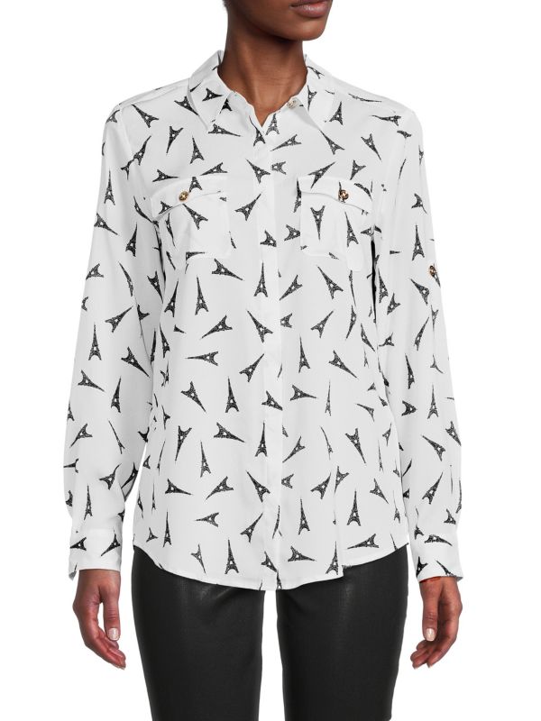 Karl Lagerfeld Paris Printed Button-Up Shirt, White/Black