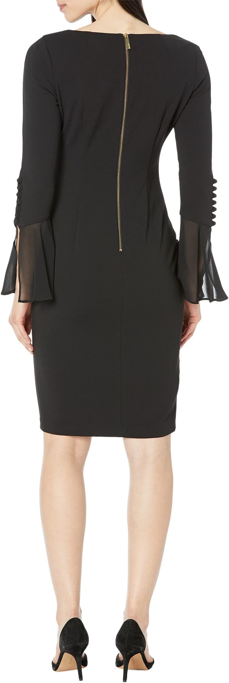 Calvin Klein Chiffon Sheath Dress with Bell Sleeves, Black