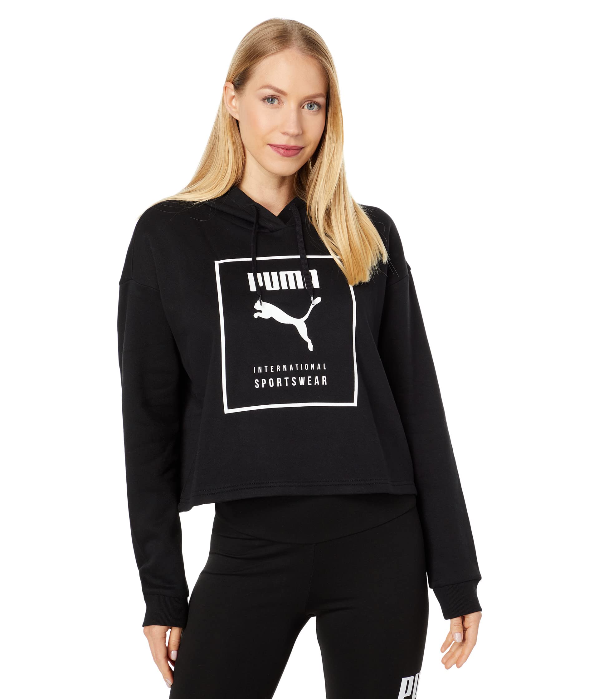 سويت شيرت نسائي من Puma INTL Cropped Fleece، باللونين الأسود والأبيض