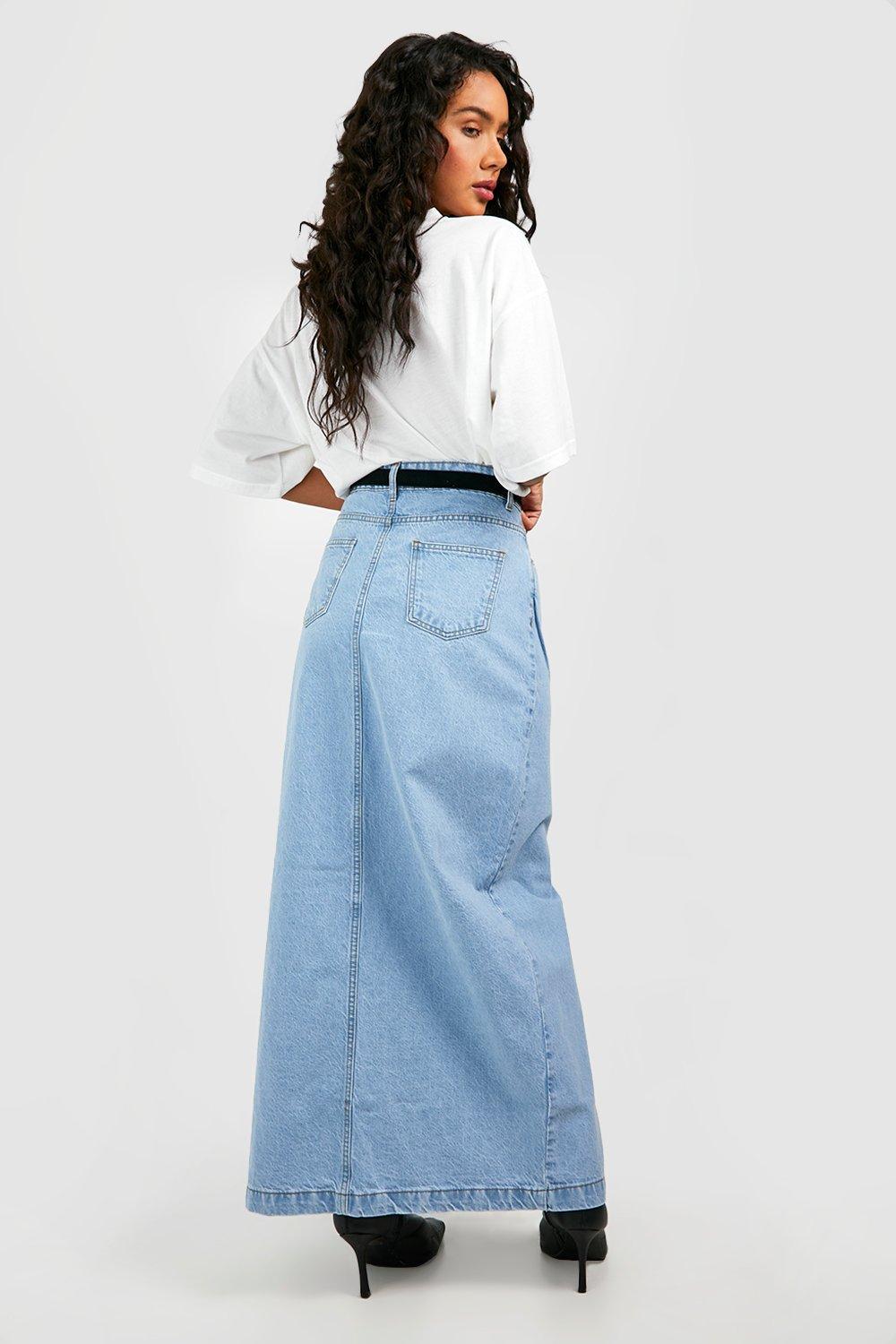 Boohoo Basic Split Front Denim Skirt, Blue