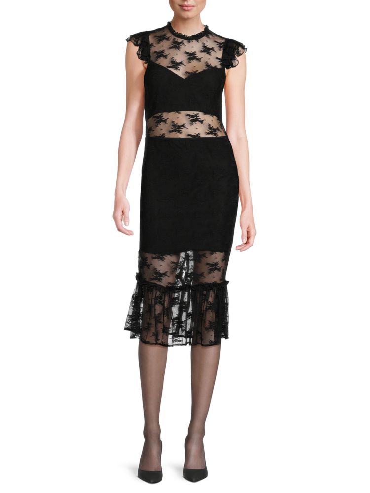 Bebe Illusion Neck Lace Midi Dress, Black