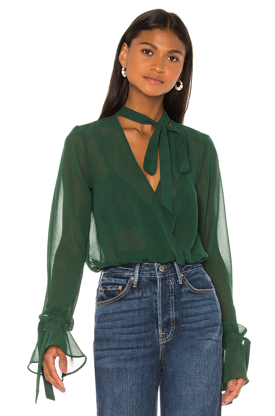 House of Harlow 1960 x REVOLVE Joli Tie Cuff Blouse in Forest Green