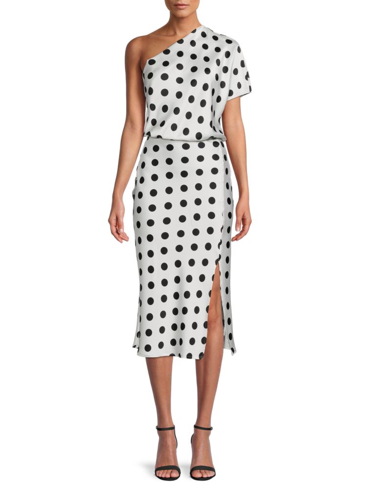 One-shoulder midi blouson dress with Renee C. print, white