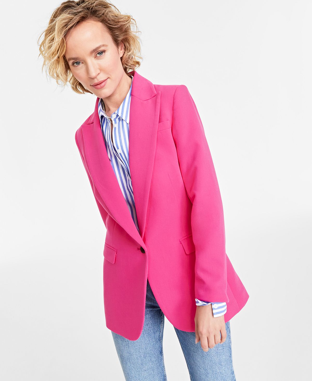 Women's Solid One Button Boyfriend Jacket On 34th