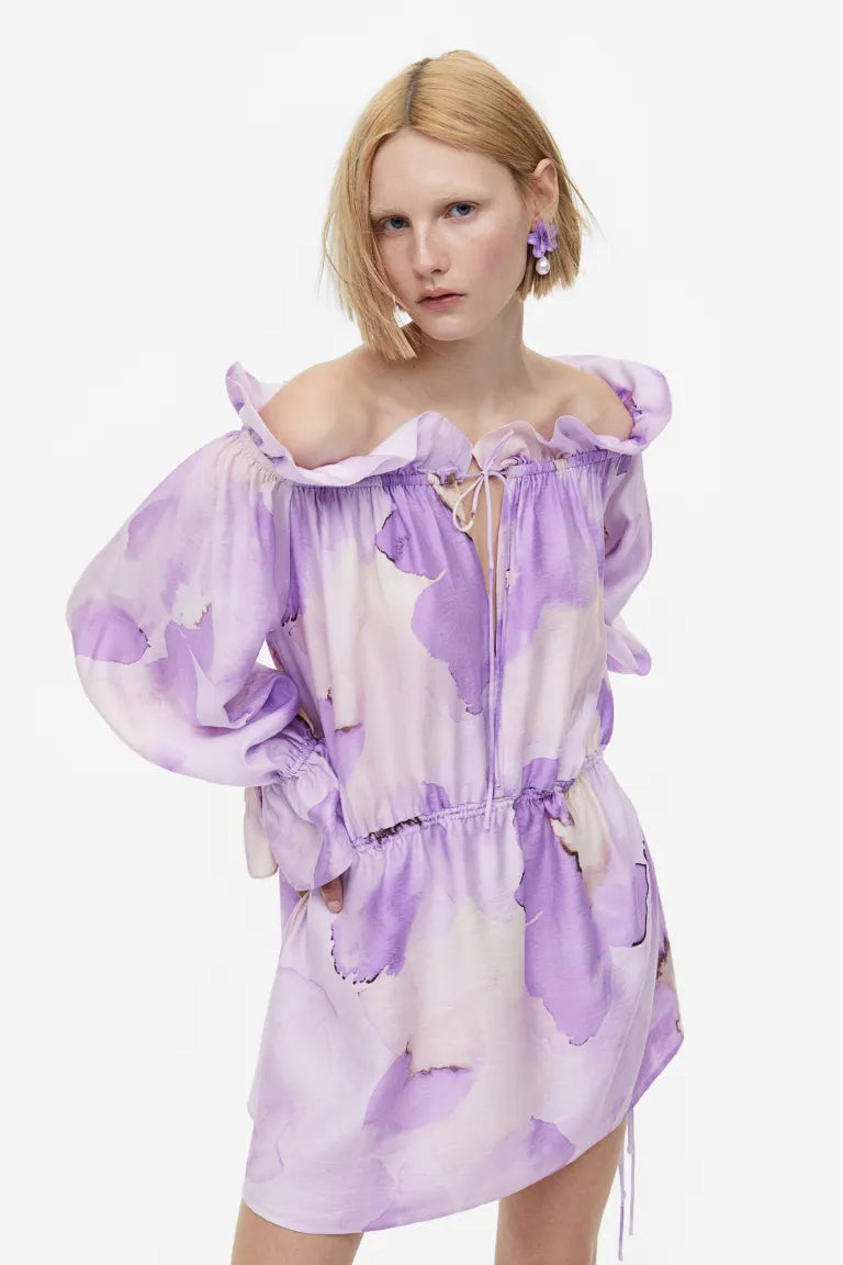 H&M Oversized Off Shoulder Dress, Light Purple/Floral