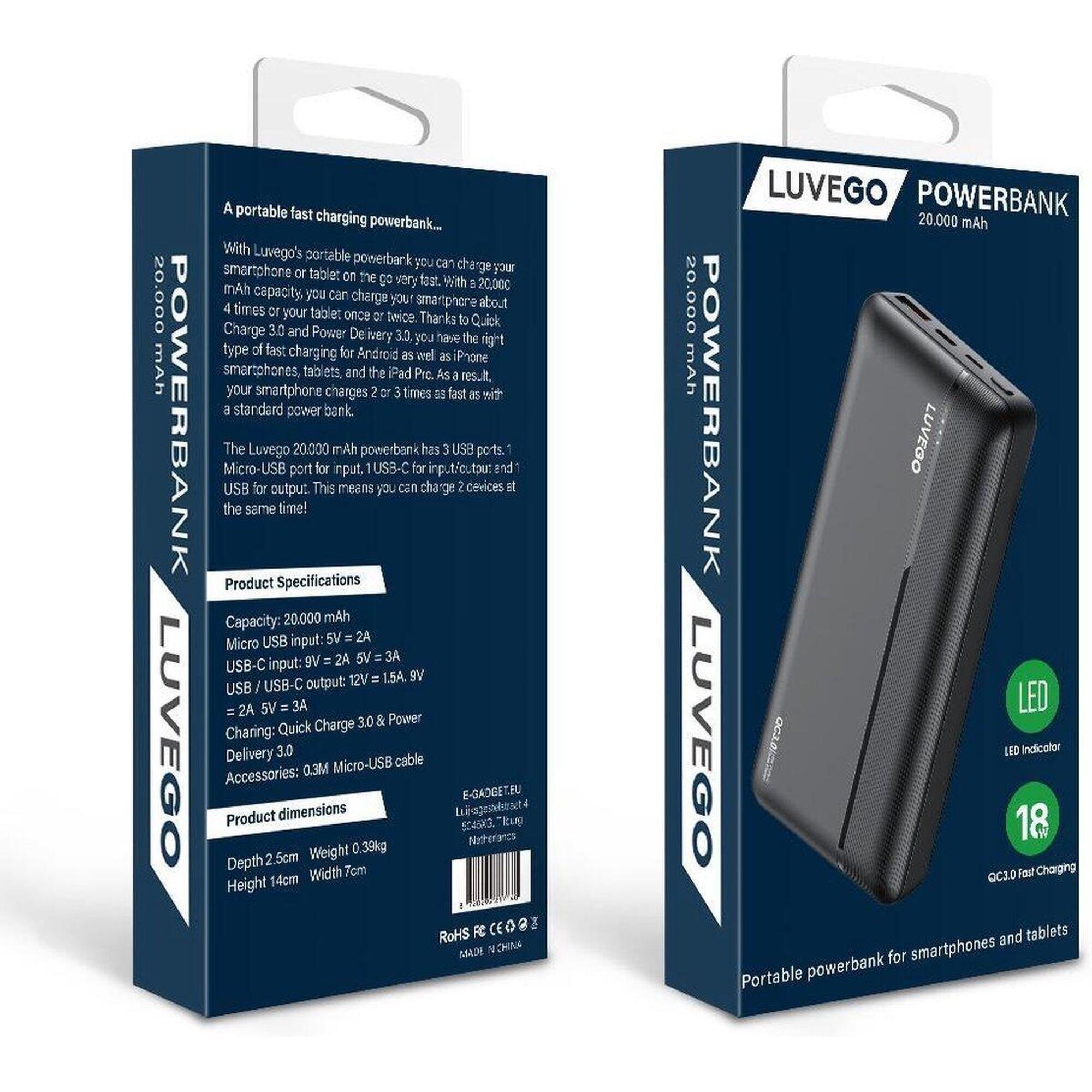 Luvego power bank 20,000 mAh, black