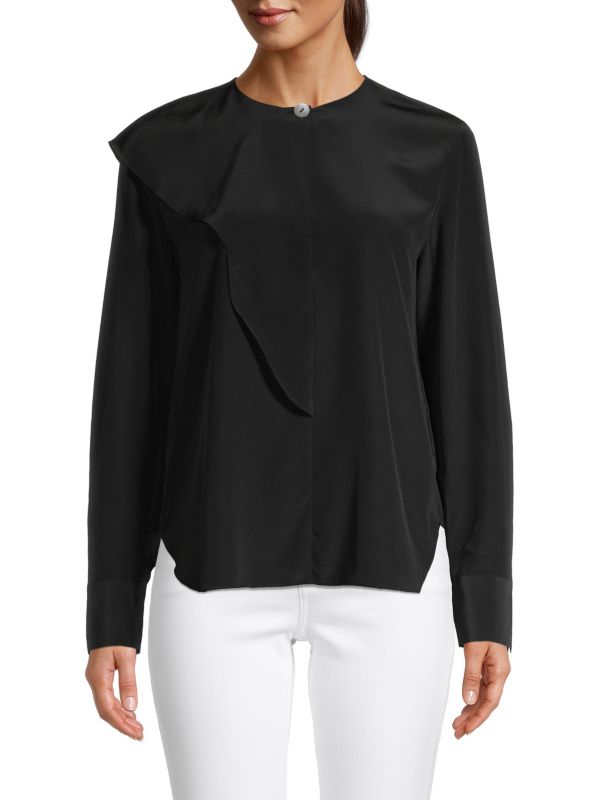 Vince Silk Blouse with Ruffles, Black