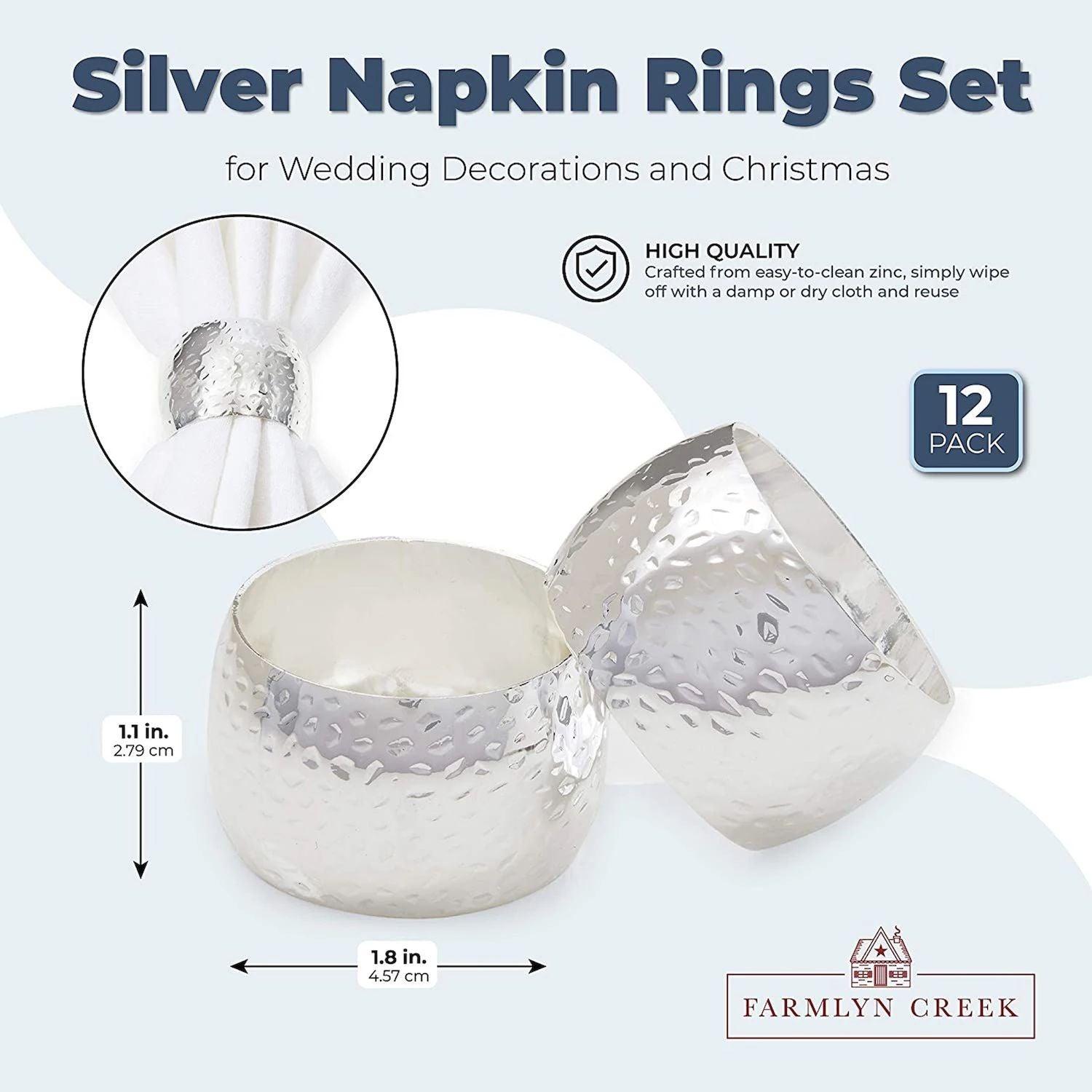 Set of Silver Napkin Rings for Wedding Decoration, Christmas (1 8 inches, 12 pcs per pack. )