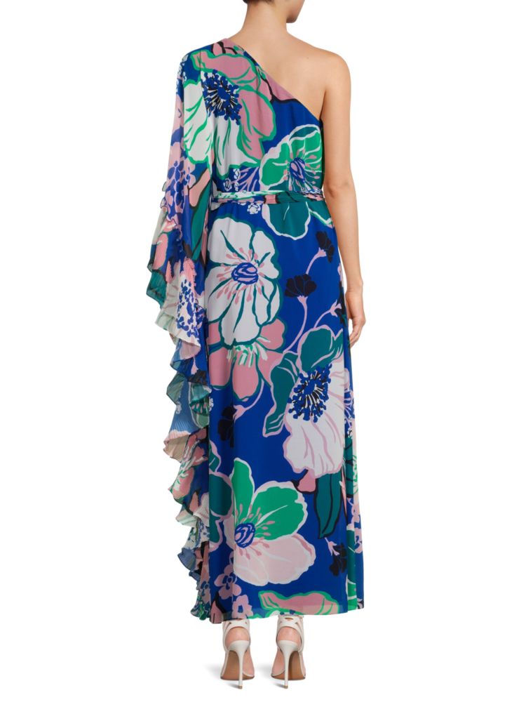 Whitney Ungaro One Shoulder Floral Maxi Dress in Blue Multicolor