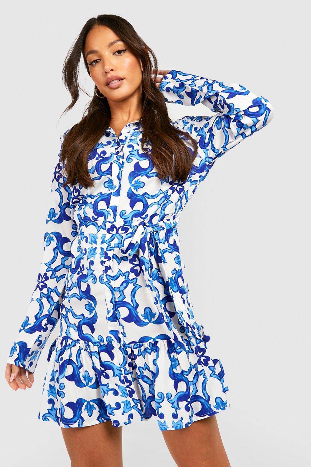 Tall scarf with print Boohoo shirt dress, blue