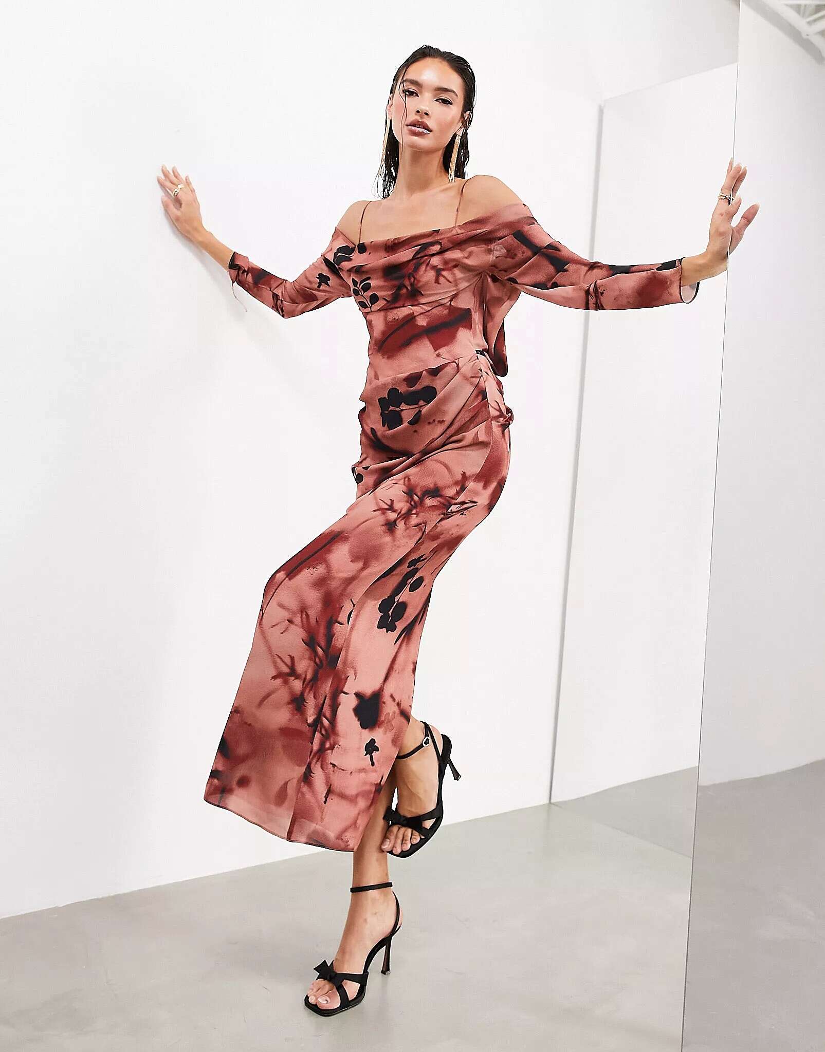 ASOS Long Sleeve Draped Maxi Dress in Pink Floral Print