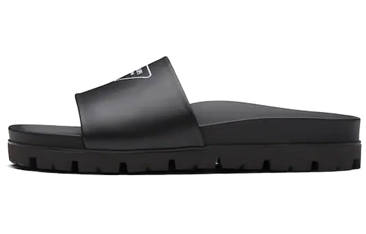 Black leather slides with Prada logo (men's)