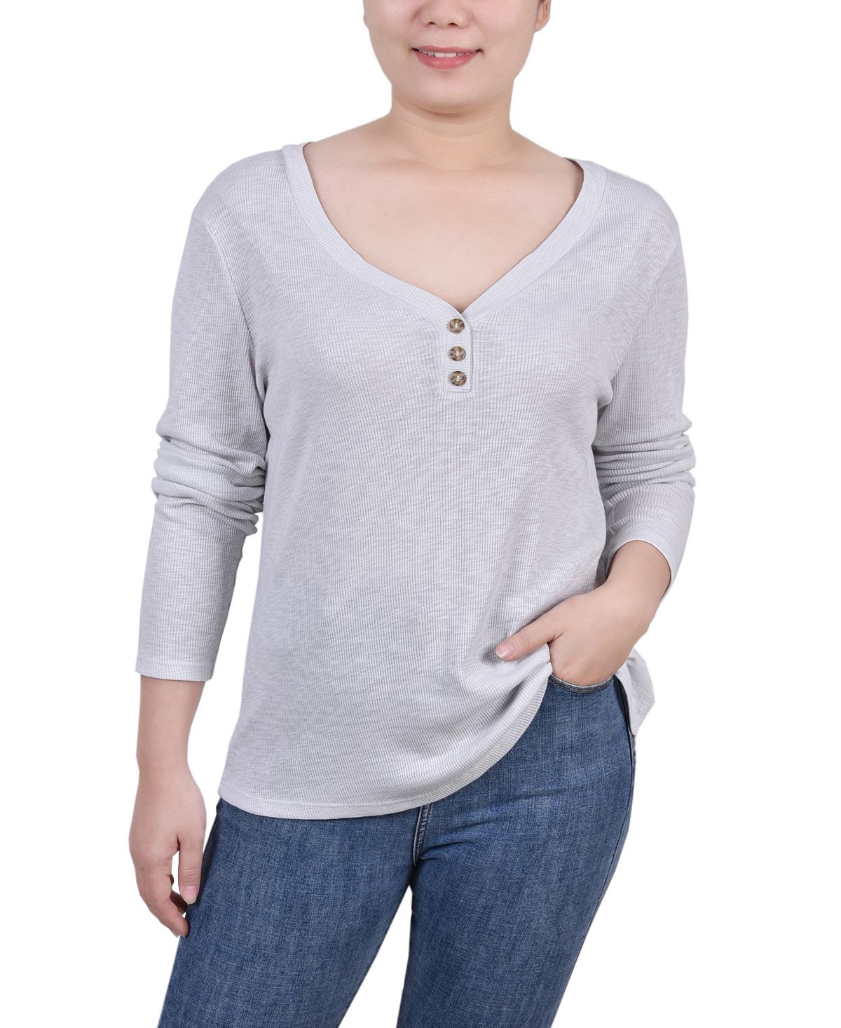 NY Collection Ribbed Long Sleeve Petite Button Down Shirt, Light Gray