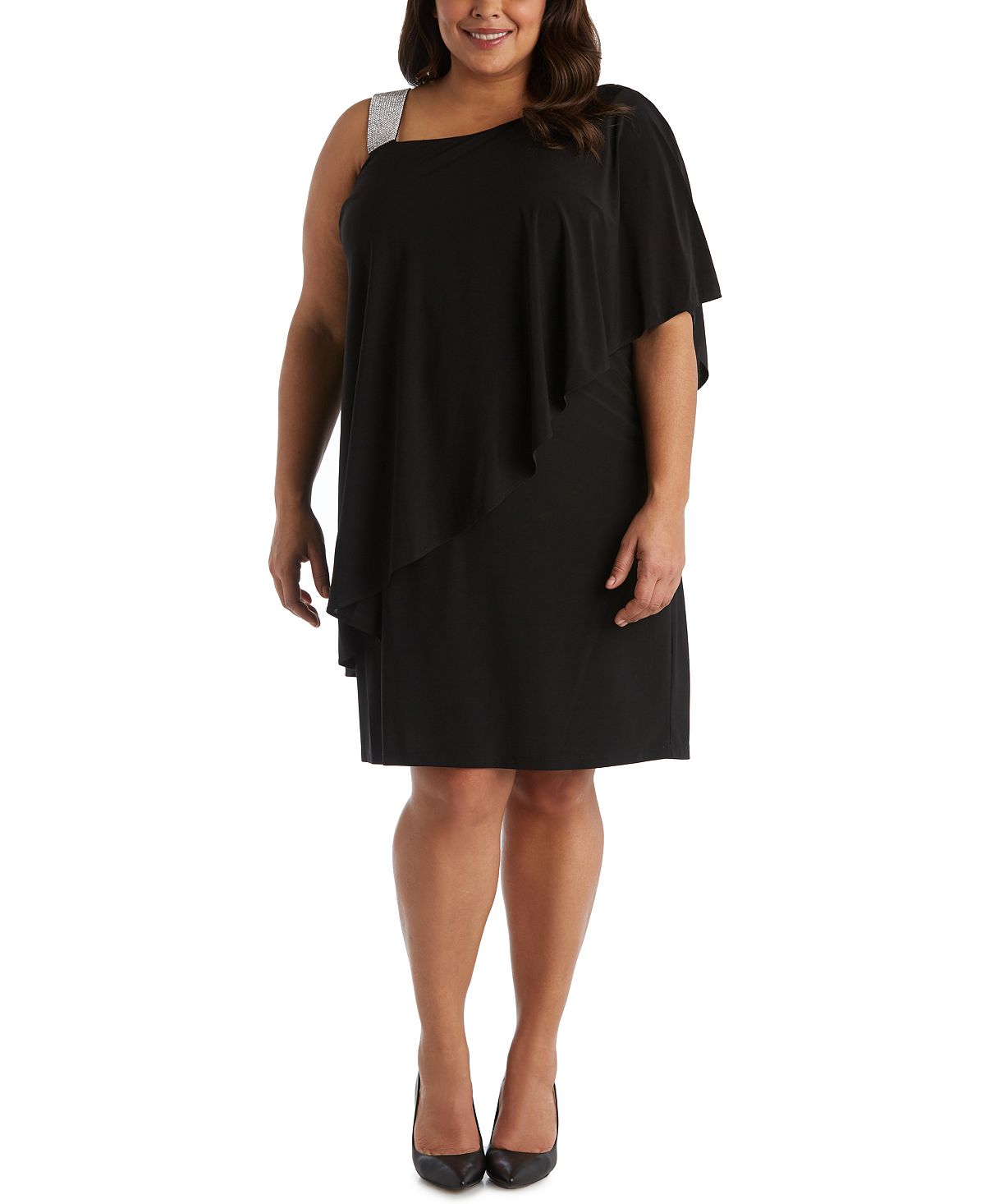 Plus Size R&M Richards Rhinestone One Shoulder Dress, Black