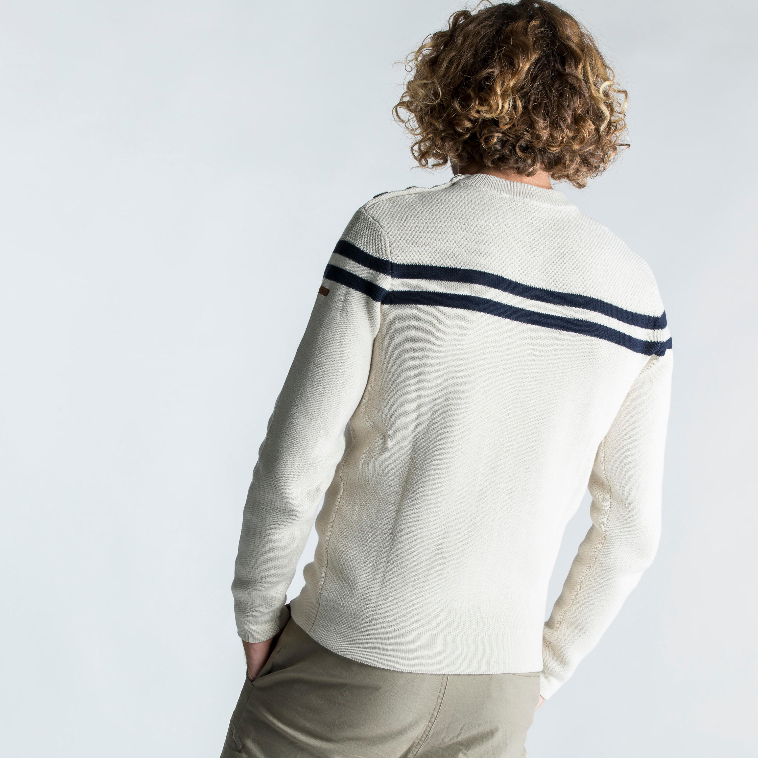 Men's sailing sweater with beige and blue stripes TRIBORD, putty/black and blue