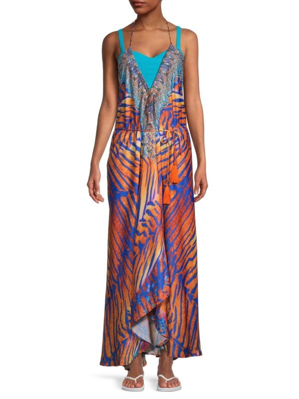 Ranee's Beach Maxi Dress with Halter Neck and Tiger Print, Multicolor