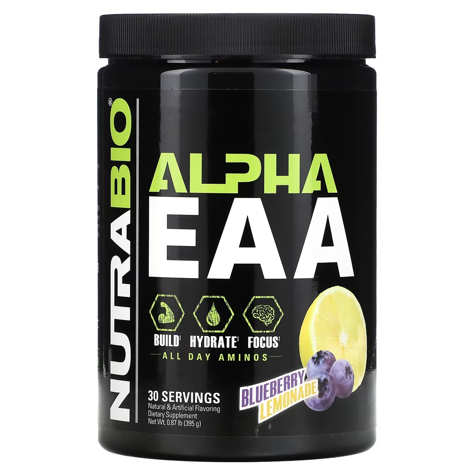 التغذية الرياضية NutraBio Labs Alpha EAA، التوت الأزرق والليمون، 395 جم