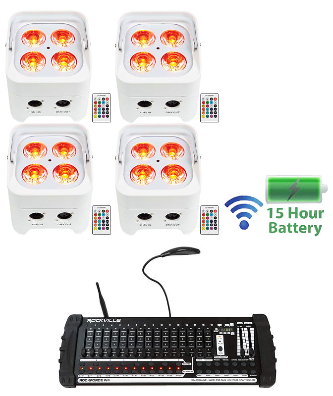 4) Rockville BEST PAR 50 Battery Wash Lights Wireless DMX + 384 Channel Controller (4) BEST PAR 50 WHITE+ROCKFORCE W4