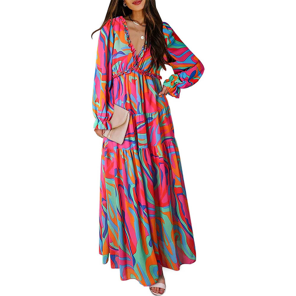 Blencot Casual Floral Deep V Neck Long Sleeve Dress, Multicolor