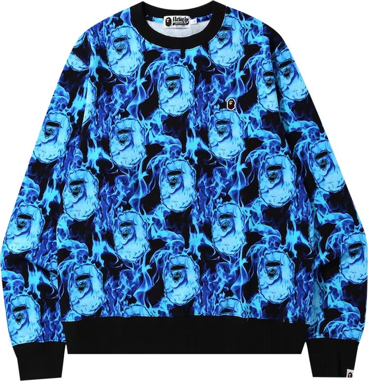 سويت شيرت BAPE Flame Wide Crewneck 'Blue'، أزرق