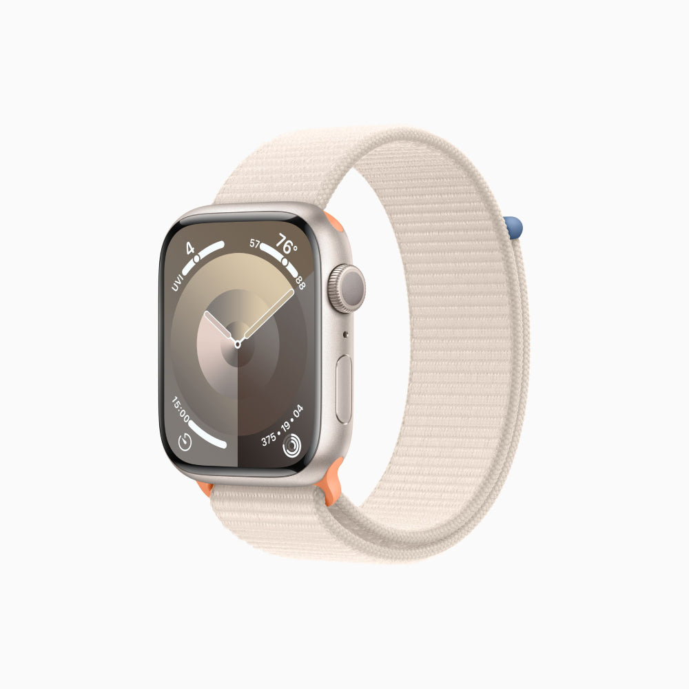 ساعة Apple Watch Series 9 (GPS)، مقاس 45 مم، هيكل من الألومنيوم Starlight/حزام رياضي Starlight - مقاس واحد