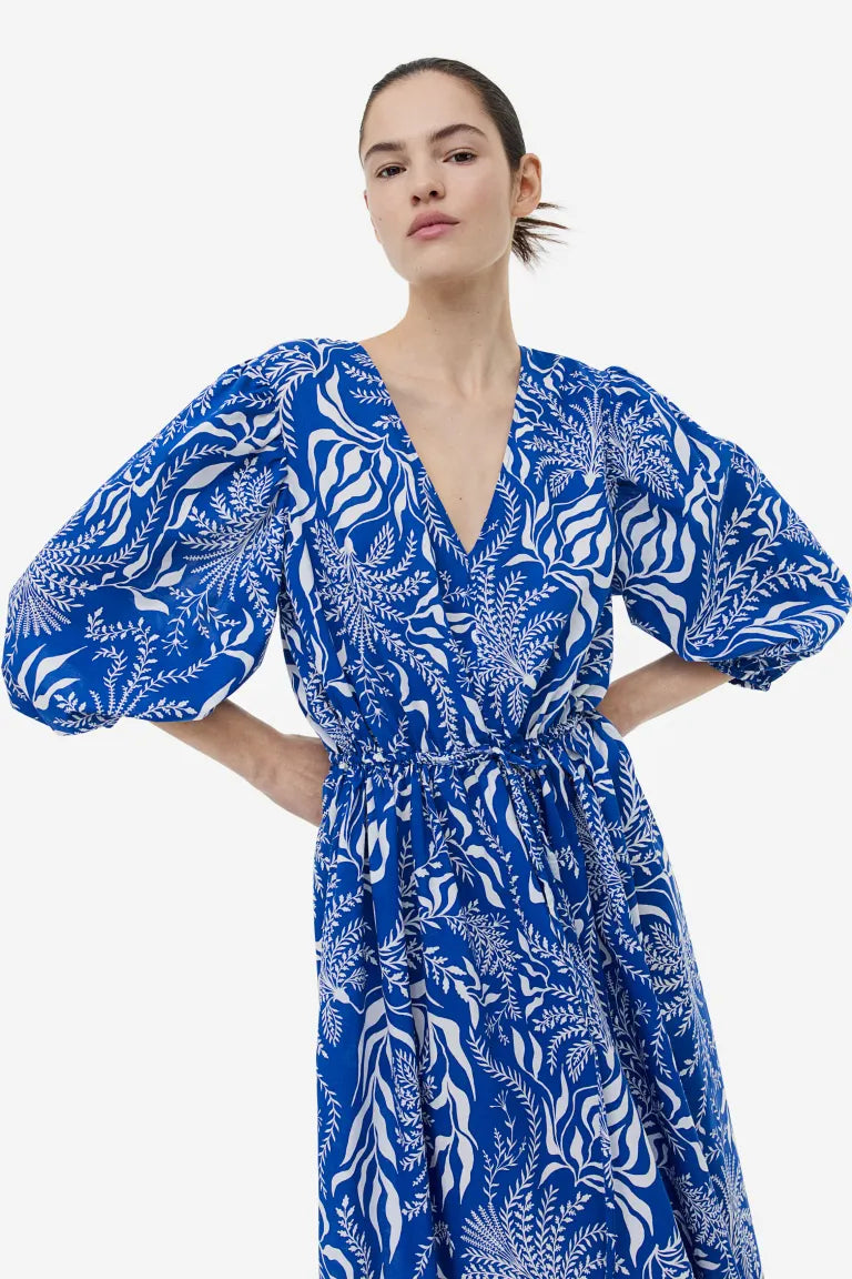 H&M cotton dress with puff sleeves, royal blue/patterned