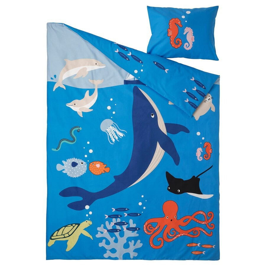 Bed linen Ikea Blavingad Duvet Cover And Pillowcase Marine Animals, 150x200/50x60 cm, blue/multicolor