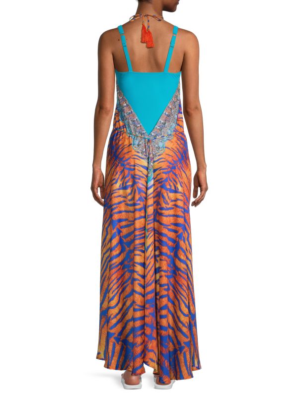 Ranee's Beach Maxi Dress with Halter Neck and Tiger Print, Multicolor