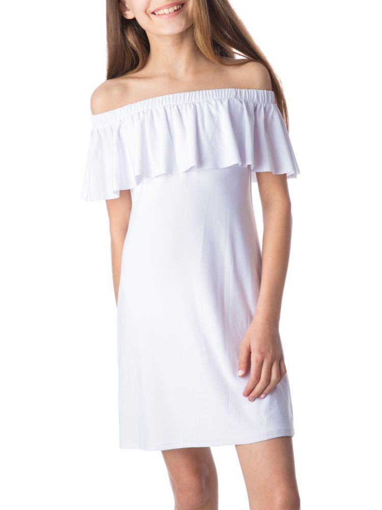 Un Deux Trois Girls Off Shoulder Ruffle Mini Dress, White