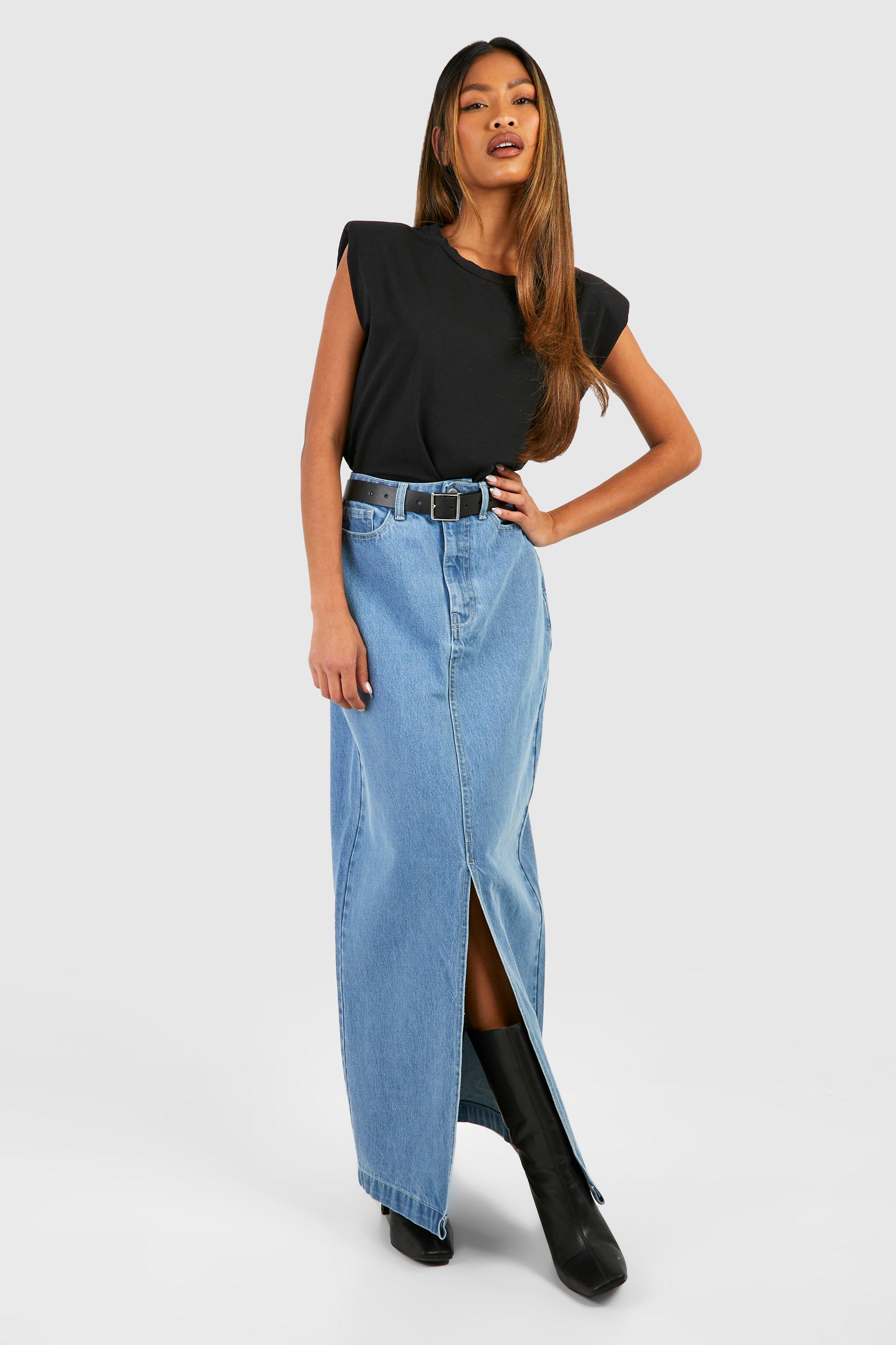 Boohoo Front Split Denim Maxi Skirt, Blue