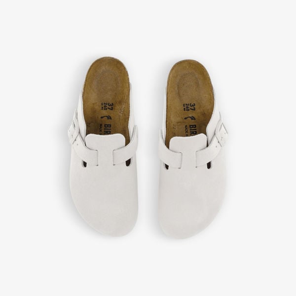 Boston Buckle Suede Mules with Birkenstock Clogs, White