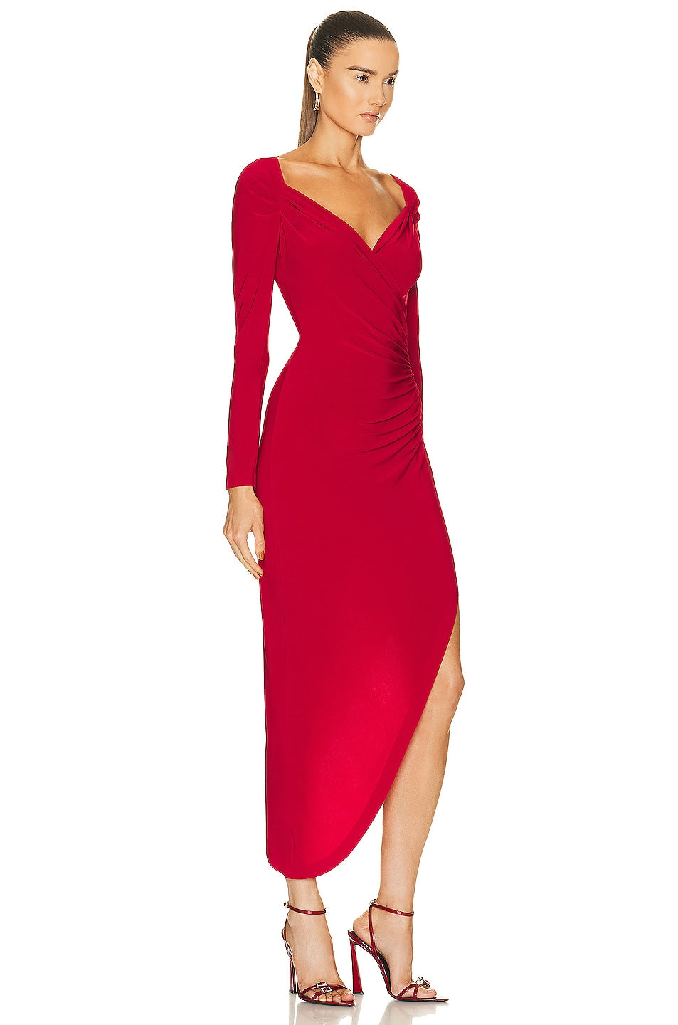 Norma Kamali Long Sleeve Sweetheart Side Drape Gown Dress, Red