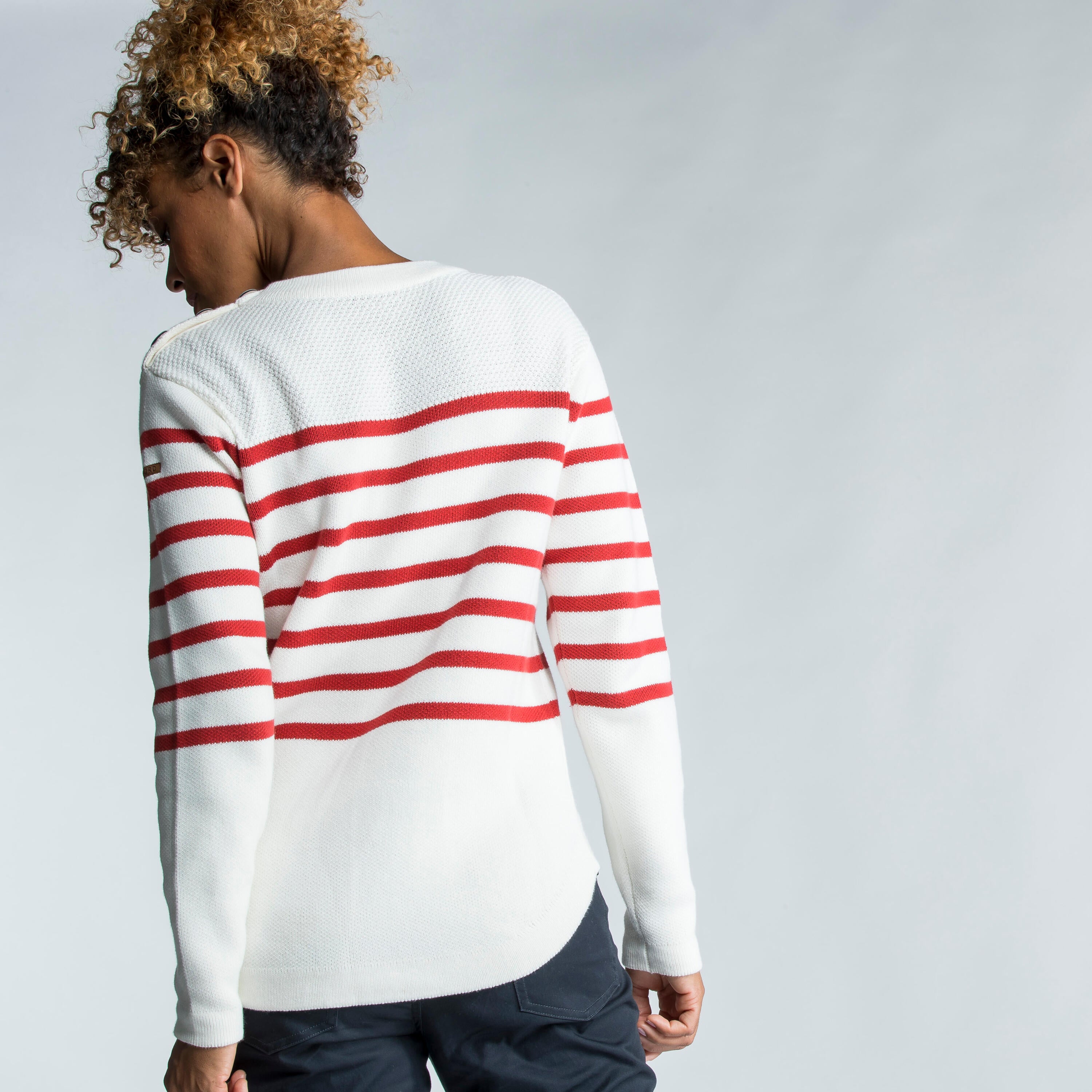 Women's sailing sweater in white and red stripes TRIBORD eggshell/brick red