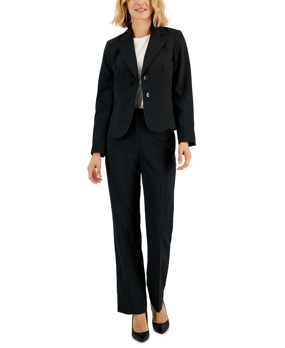 Women's Pinstripe Two Button Pantsuit standard and miniature Le Suit, black