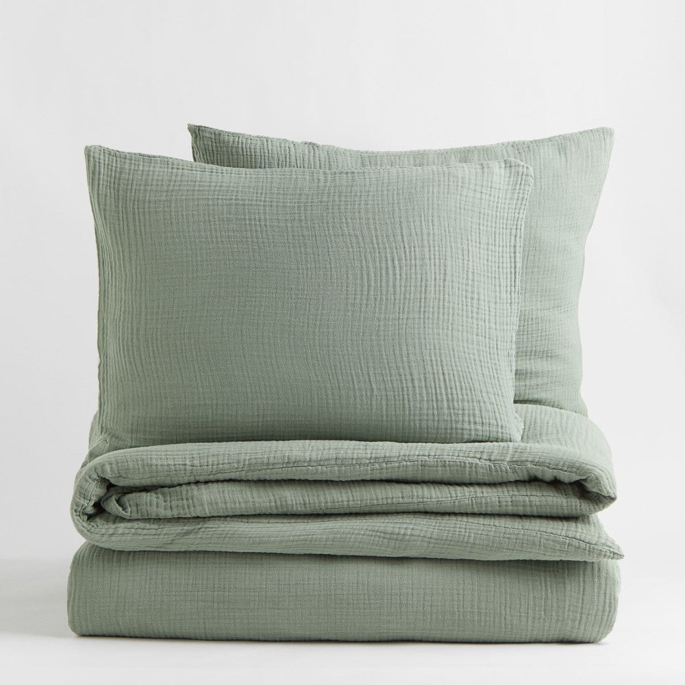 طقم ملاءات سرير مزدوج من H&amp;M Home Muslin King، أخضر فاتح