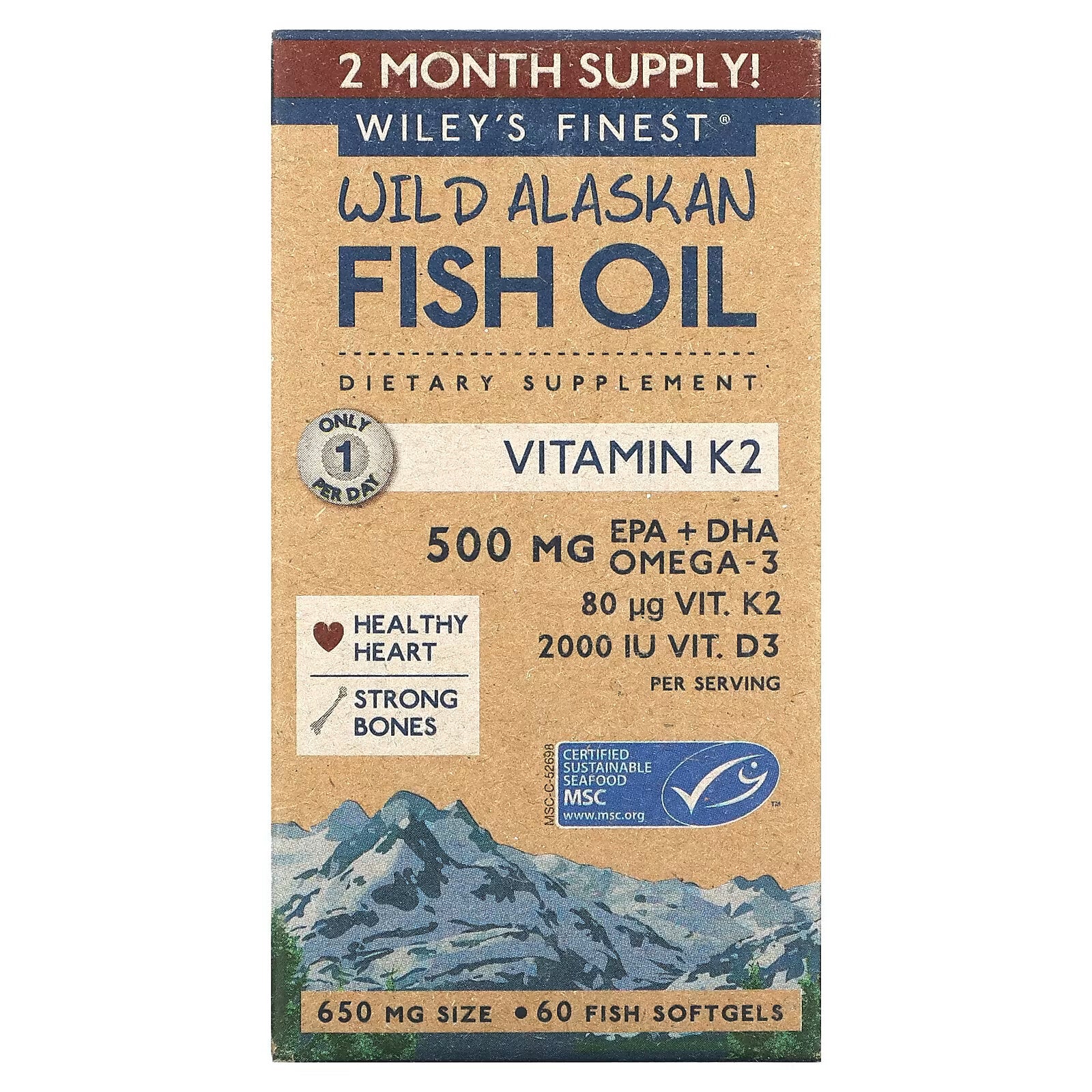 Wiley's Finest, Wild Alaska Fish Oil, Vitamin K2 60 gelatin capsules with fish oil