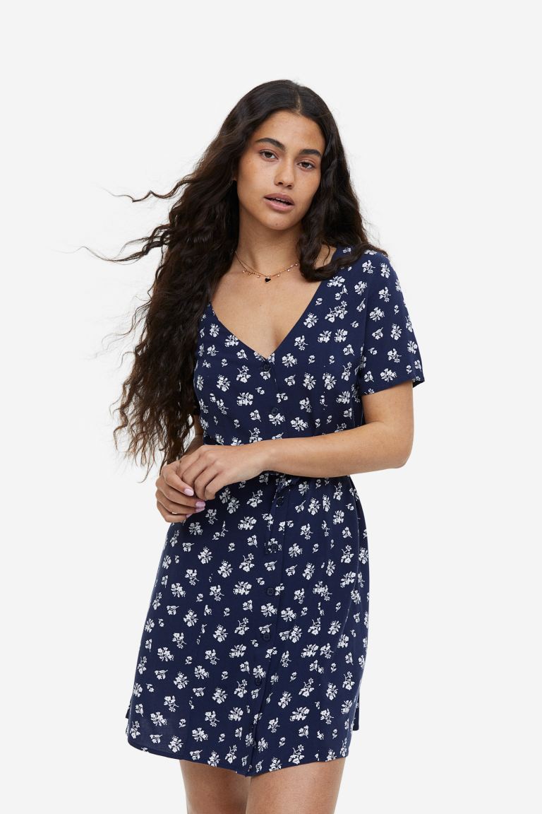 H&M Button Front Tie Dress, Navy/Floral