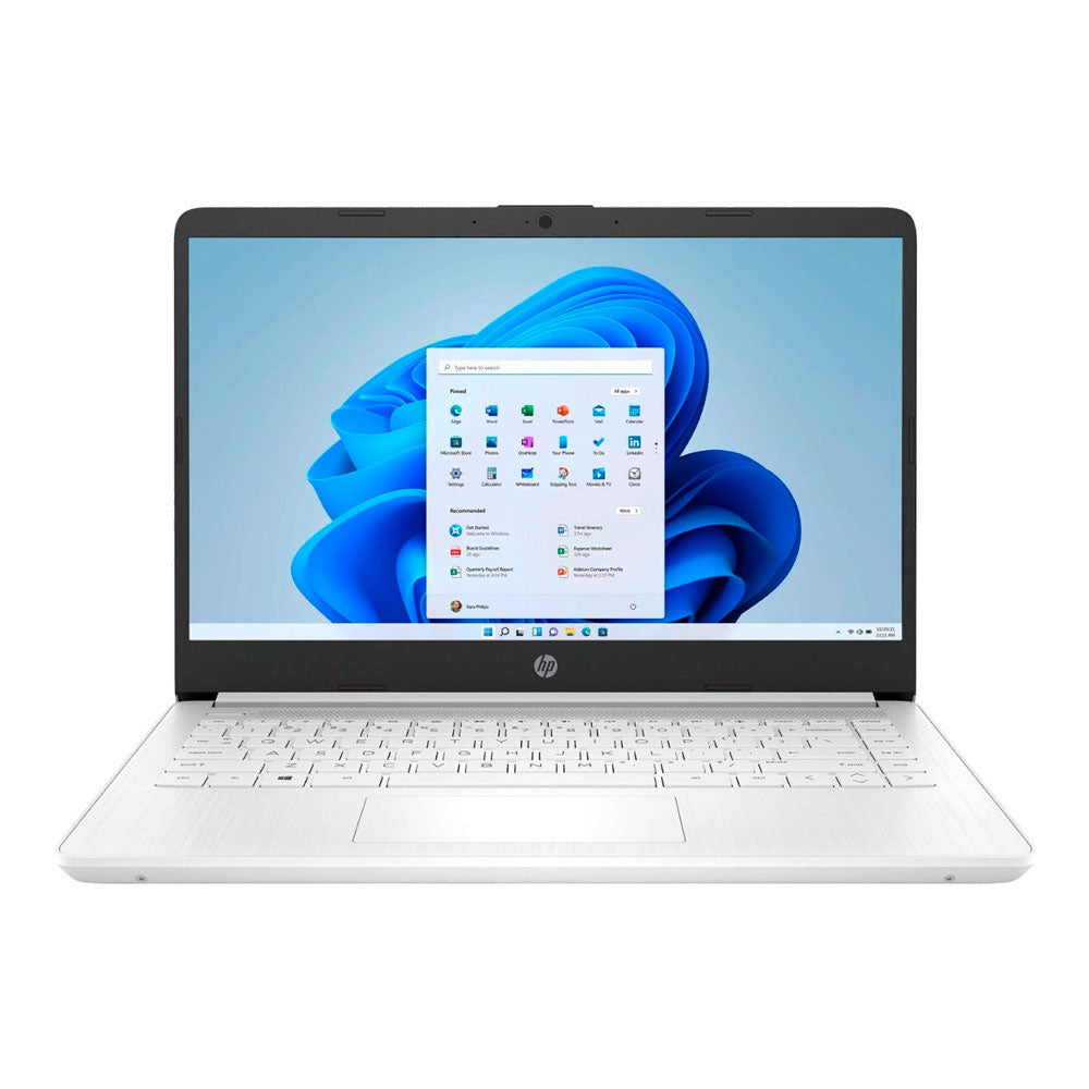 كمبيوتر محمول HP 14-dq0052dx، 14 بوصة، 4 جيجابايت/64 جيجابايت، Intel Celeron N4120، Intel UHD Graphics، لوحة مفاتيح إنجليزية بيضاء