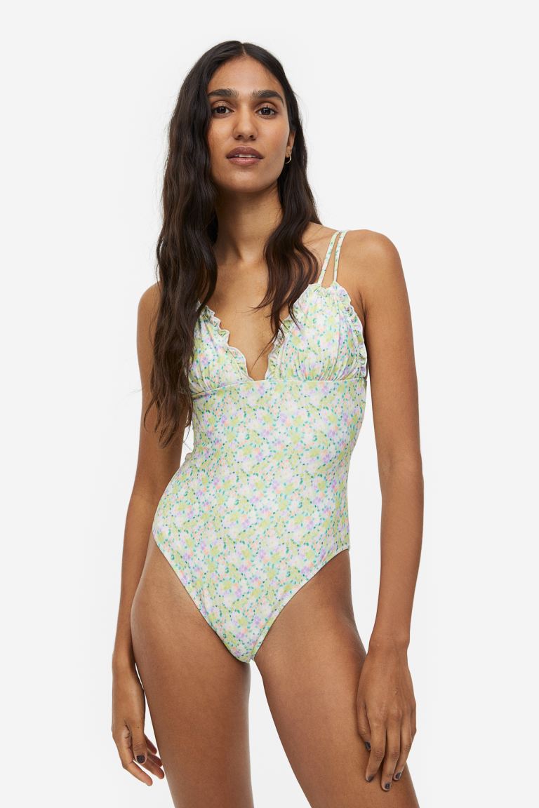 H&M cut-out swimsuit, light green/floral