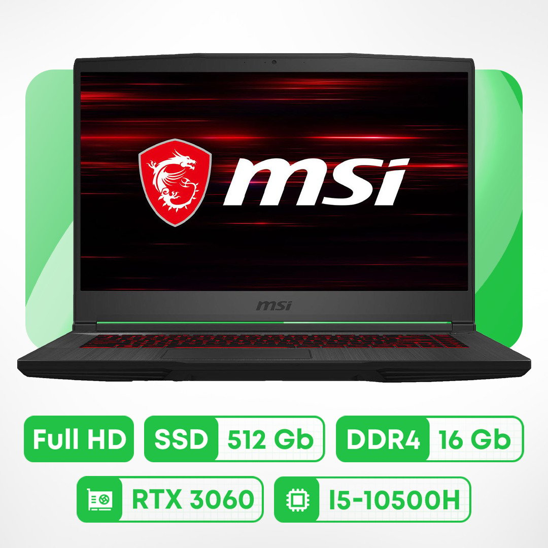 كمبيوتر محمول للألعاب MSI GF65 Thin، 15.6 بوصة، 16 جيجابايت/512 جيجابايت، i5-10500H، RTX 3060، أسود، لوحة مفاتيح إنجليزية