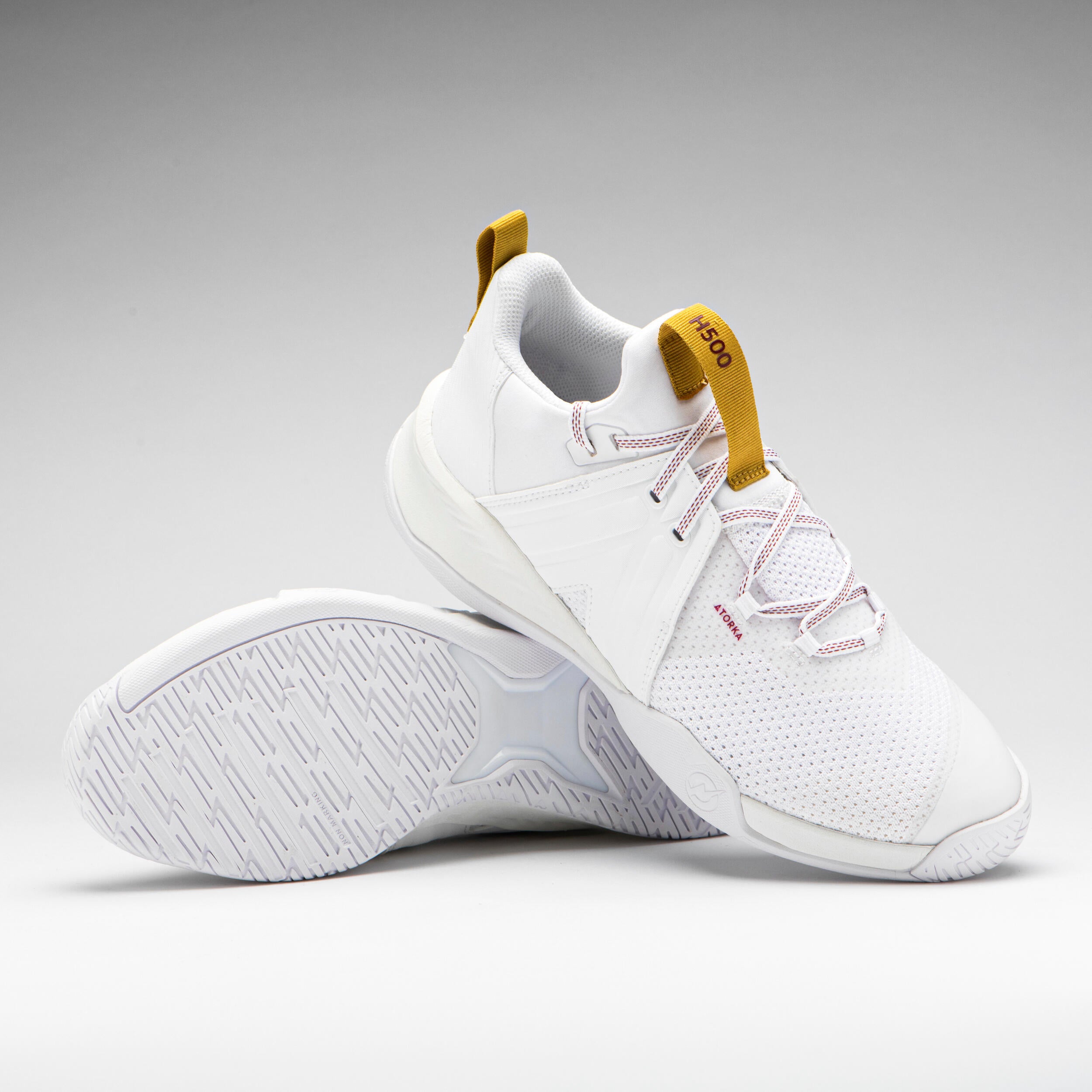 Men's/women's handball sneakers - H500 Faster white ATORKA white/ochre yellow/burgundy